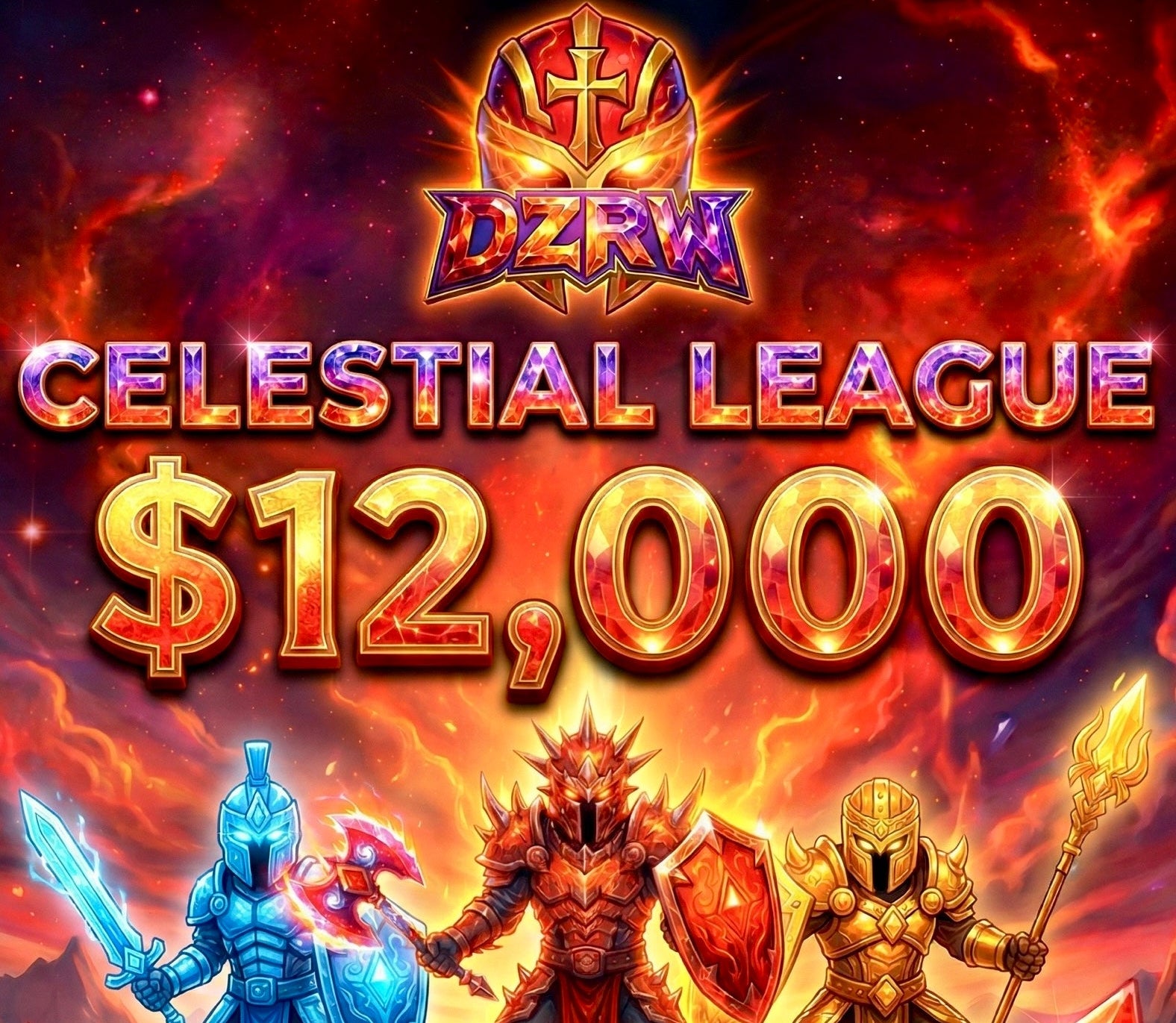 Promotional graphic for 'Celestial League' with fantasy characters and a $12,000 prize offer.
